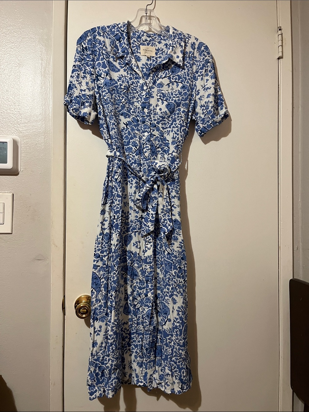 Sezane | Blue Floral Button-Front Women's Shirt Dress with Tie Waist size 38 US6